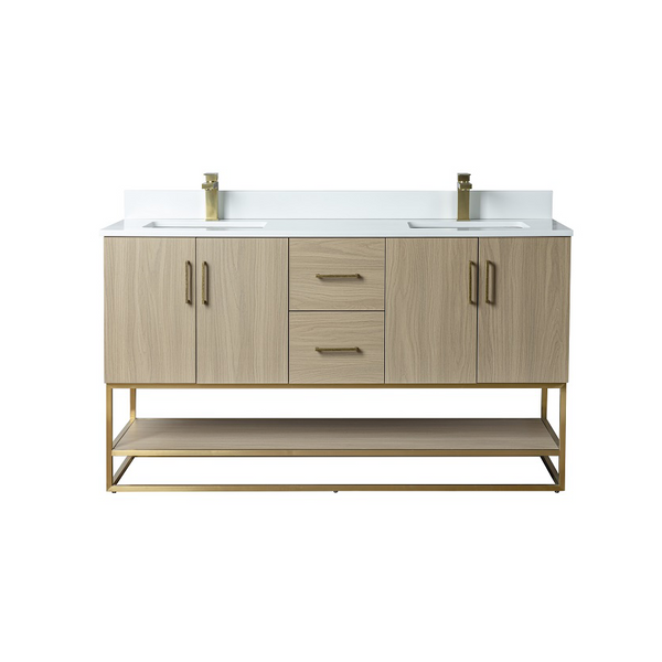 Homedee Wood Veneer Double Sink Solid Wood Bathroom Vanity Cabinet